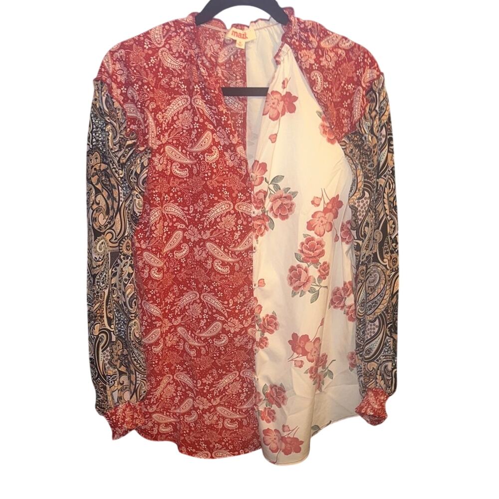 Mazik Red and White Floral Paisley Blouse M